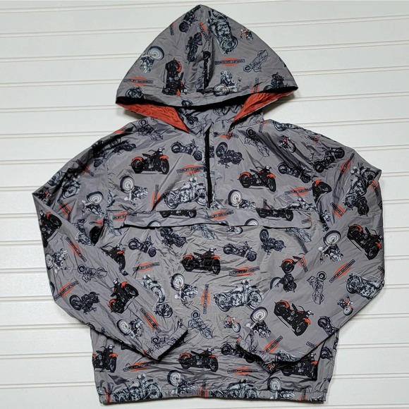 Harley-Davidson 1/4 Zip Motorcycle Printed Hooded Windbreaker Pullover
